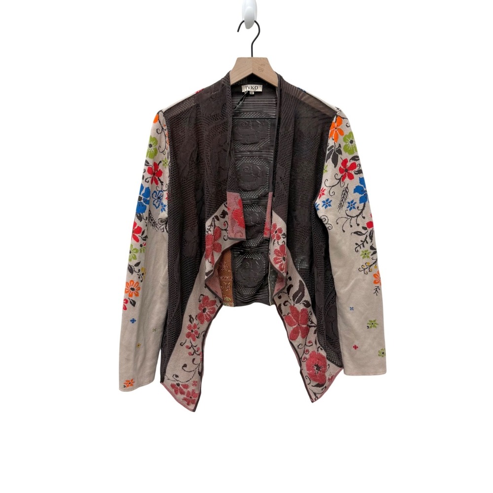 IVKO Woman Floral Knit Asymmetrical Front Cardigan Beige Brown Cotton Sz 44